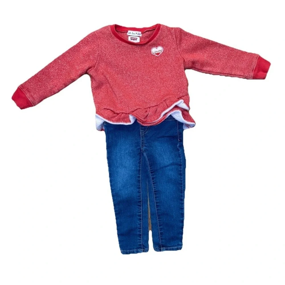 Kids Levi's Red Sparkle Heart Ruffle Sweater & Jeans Outfit Set Size 2T Playwear